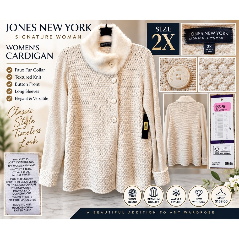 Jones New York Signature Woman Cream Faux Fur Collar Wool Blend Cardigan 2X NEW